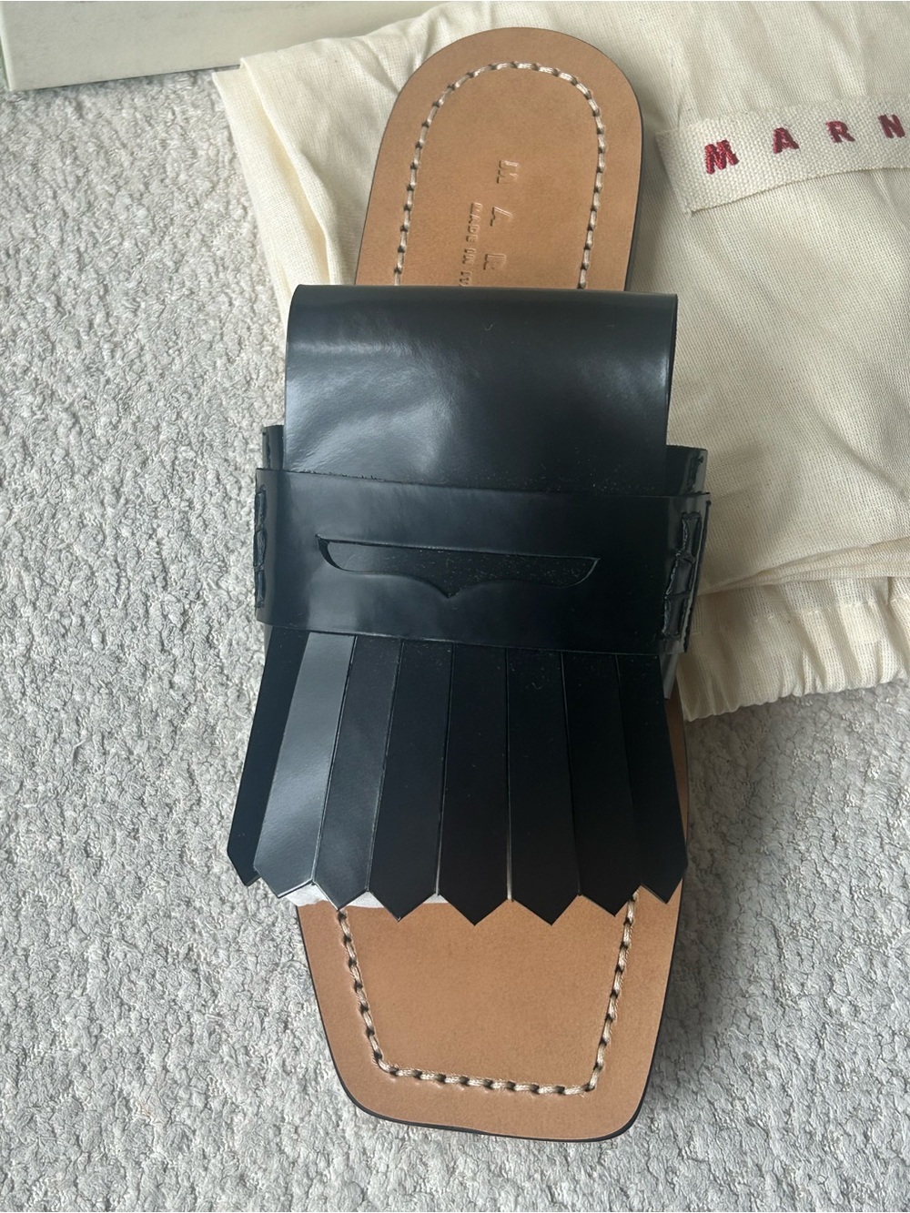Marni Black Leather Fringe Kiltie Slides with Tan Footbed